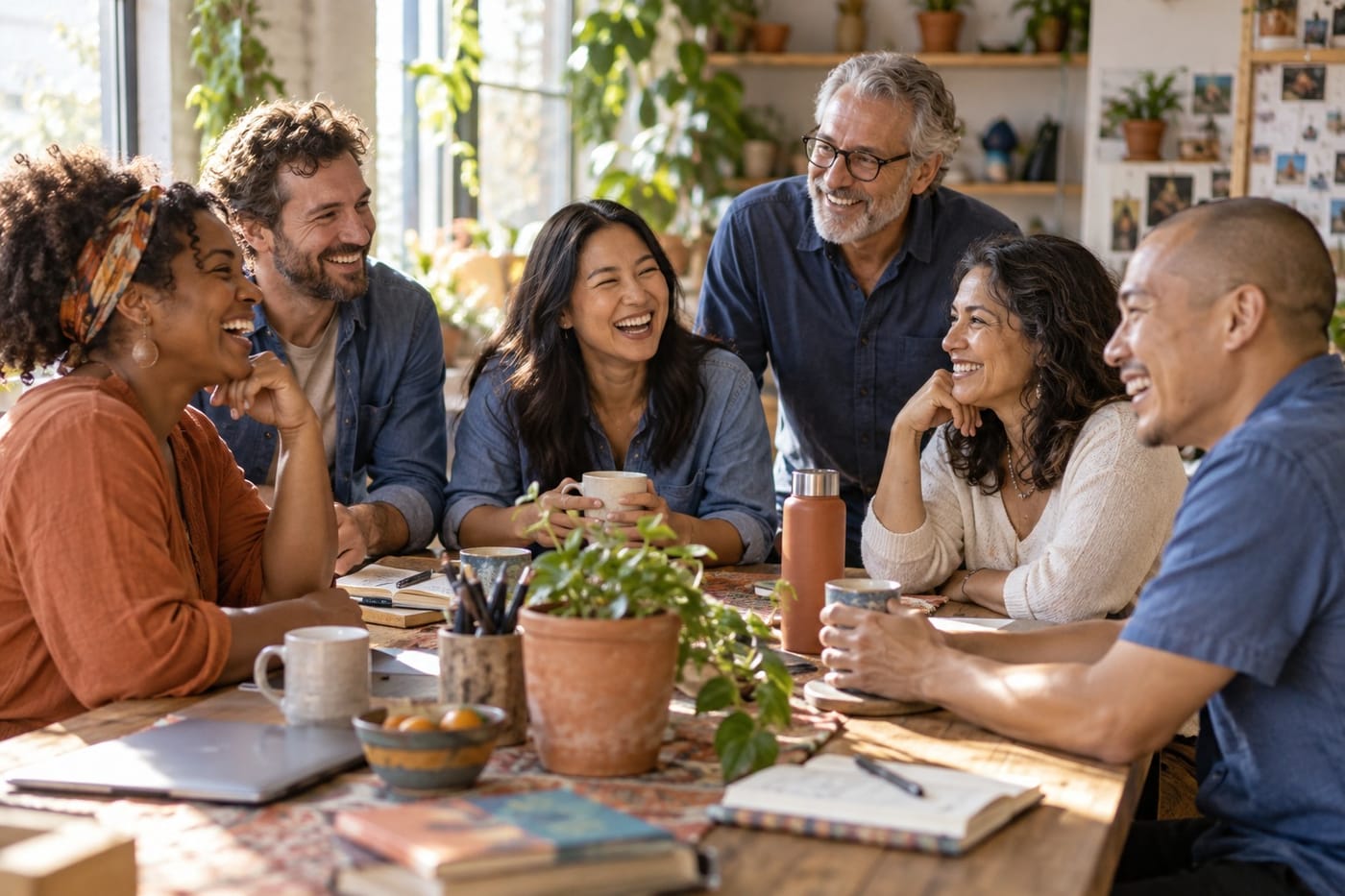 People sharing a warm conversation around a table